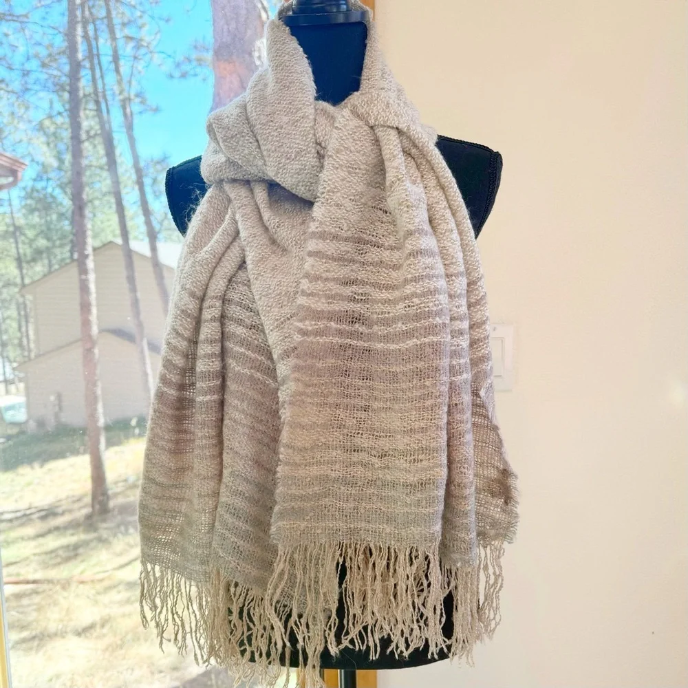 Vintage Merona Large Fringed Ombré Striped Pastel Blanket Scarf Beige Gray Tan